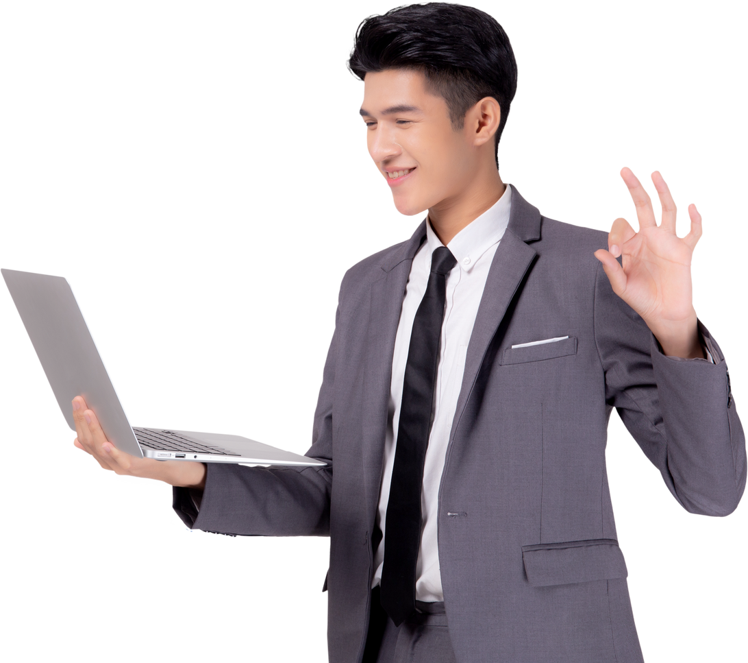 business man standing work on laptop computer.